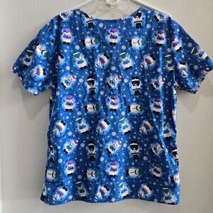 Cherokee scrub top blue snowmen christmas size large